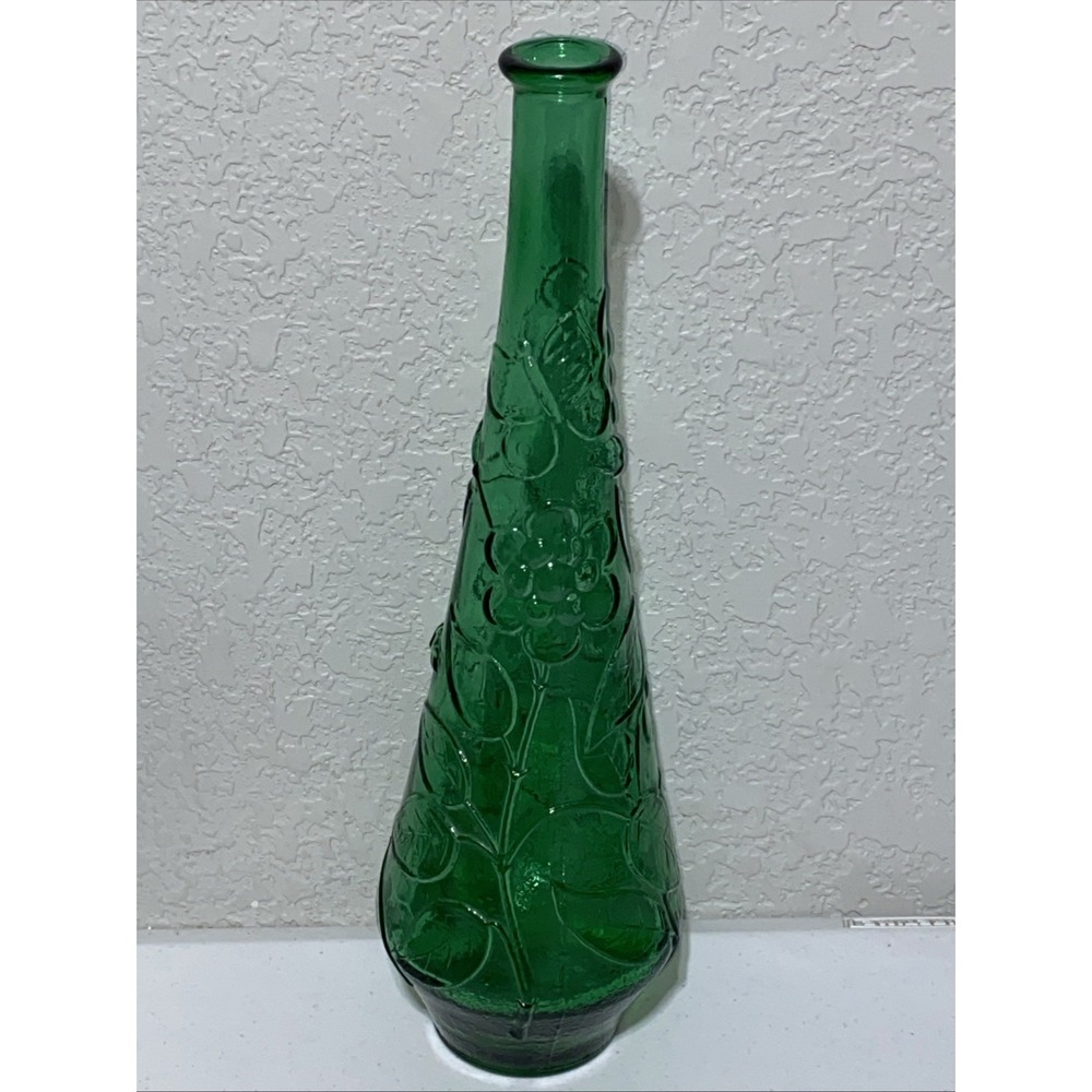 VTG Empoli Made In Italy Green Glass Genie Bottle Textured Decanter Floral Vase